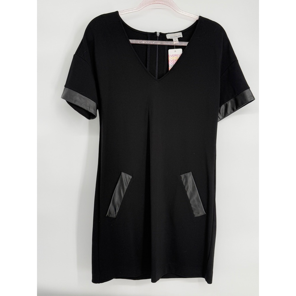 Allison Joy Sz S Black V Neck Shift Dress with Faux Leather Trim Pockets & Cuffs